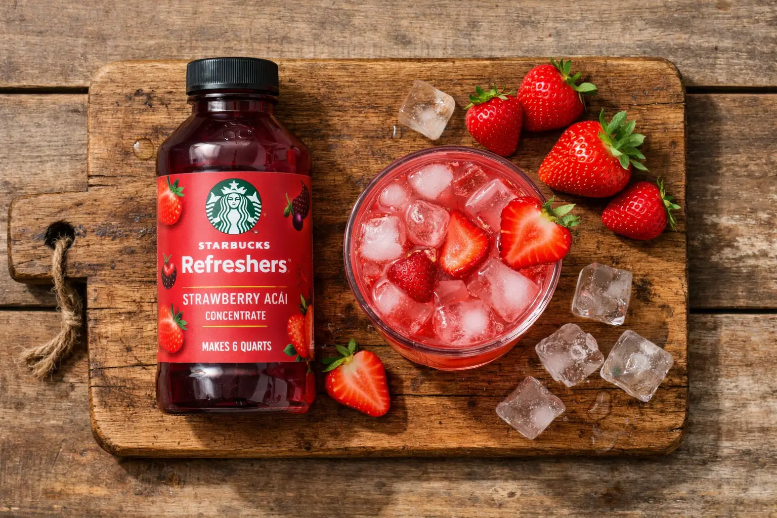 Frisches Starbucks Refreshers Strawberry Acai Konzentrat auf rustikalem Holztisch - 90 Kalorien pro 240 ml Portion