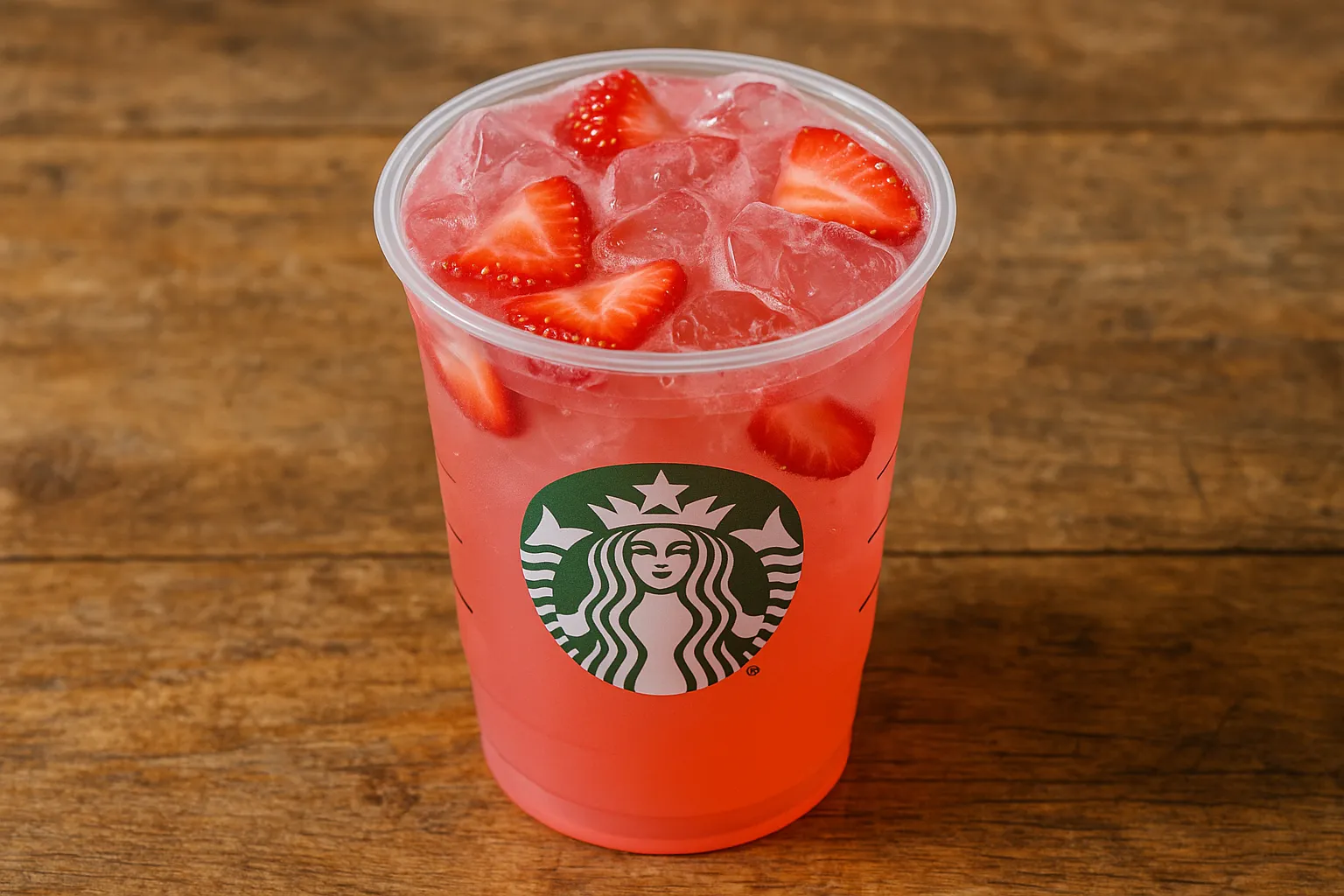 देहाती लकड़ी की टेबल पर ताज़ा Starbucks Strawberry Açaí Refresher - प्रति grande 90 कैलोरी