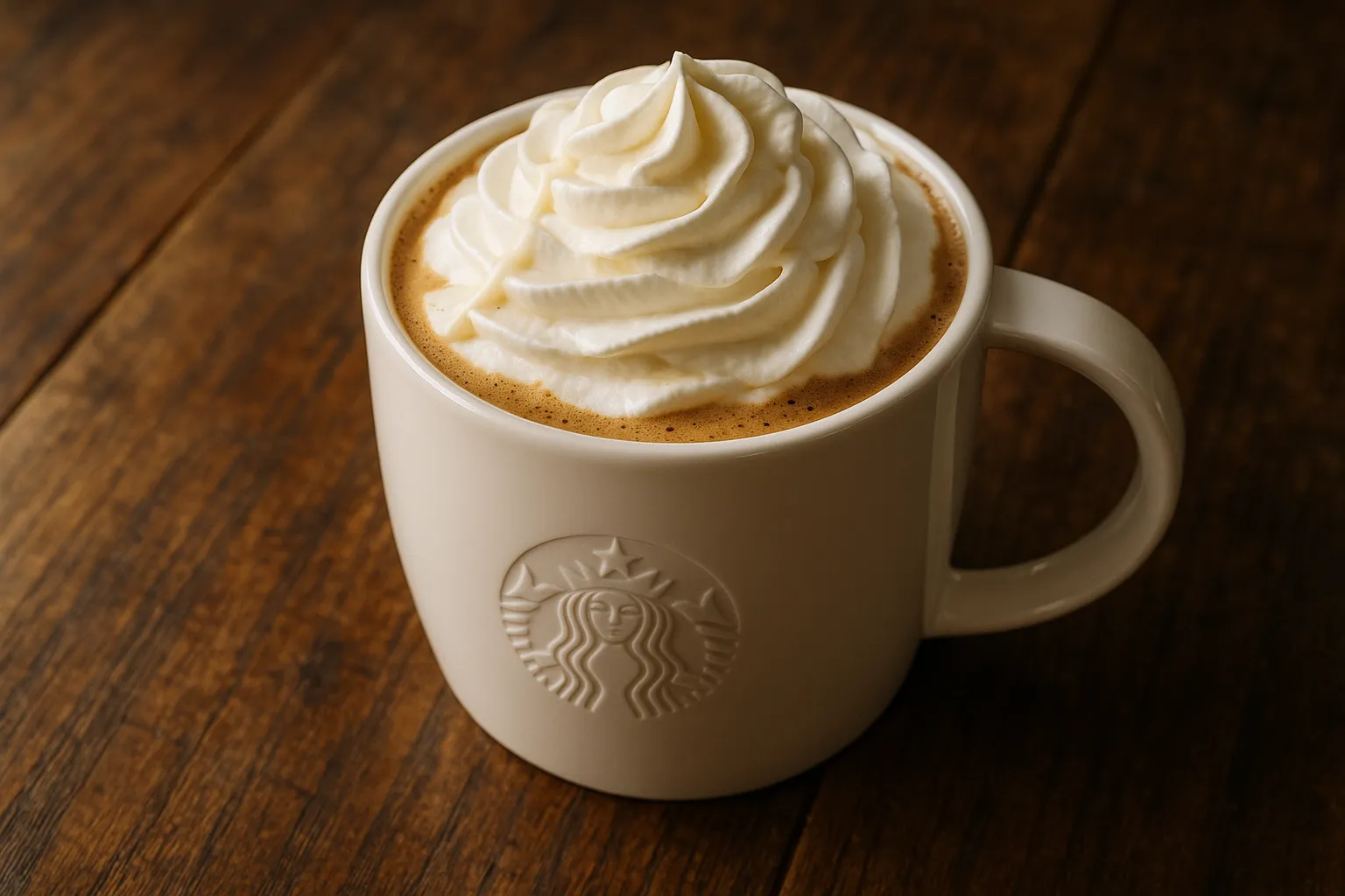 Fresh Starbucks White Chocolate Mocha on rustic wooden table - 390 calories per Grande
