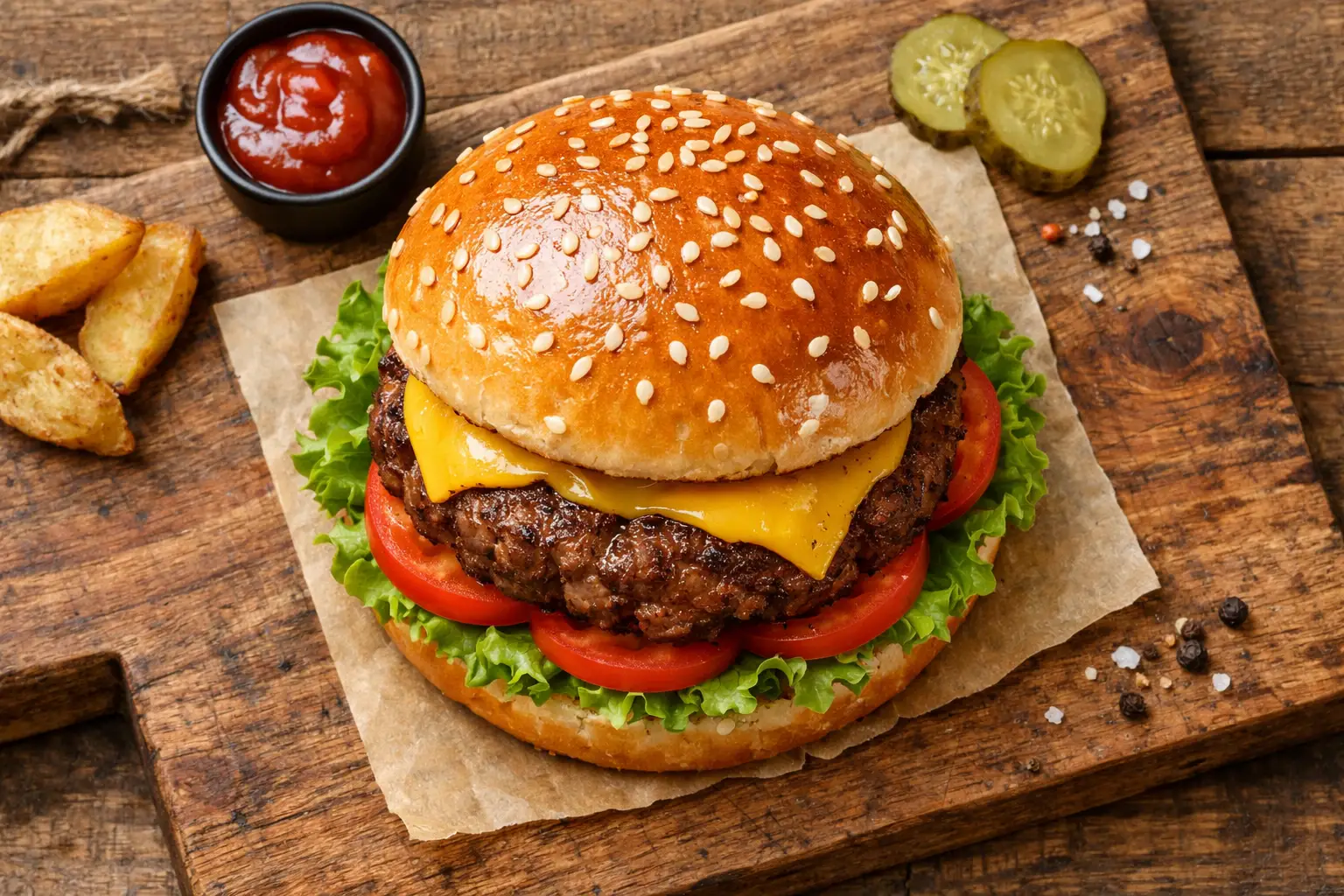 Fresh steakhouse burger on rustic wooden table - 650 calories per burger