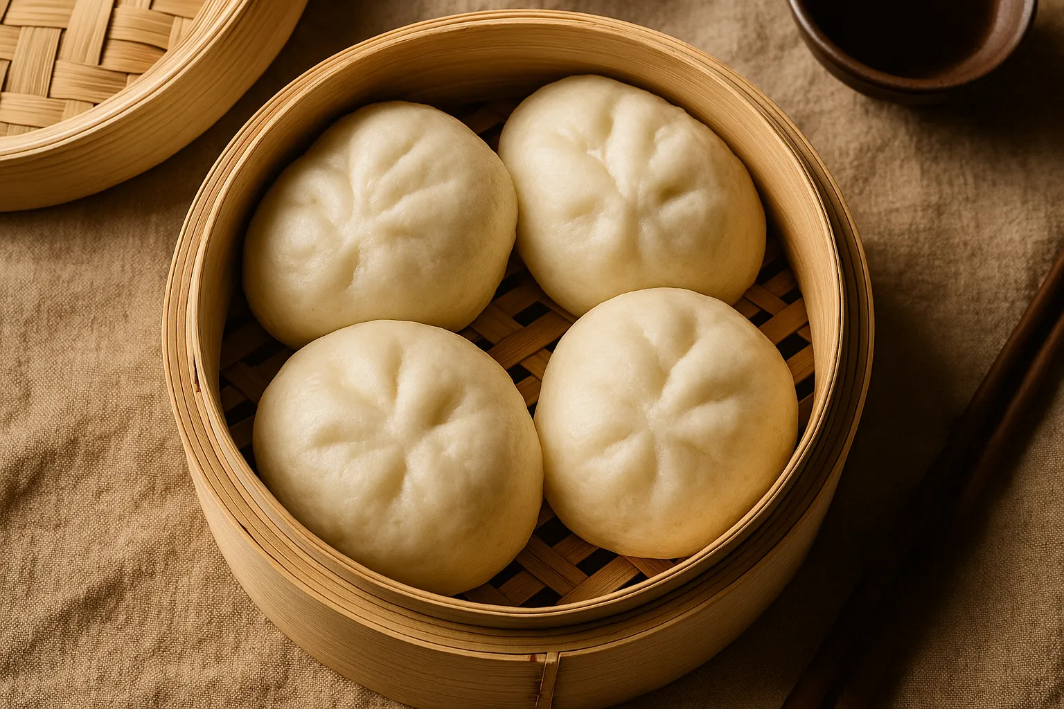 Fresh steamed bao bun on bamboo steamer - 215 calories per medium bun