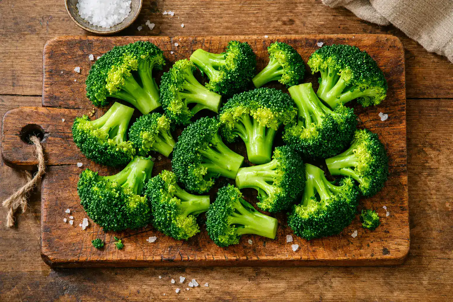 Fresh steamed broccoli on rustic wooden table - 55 calories per cup