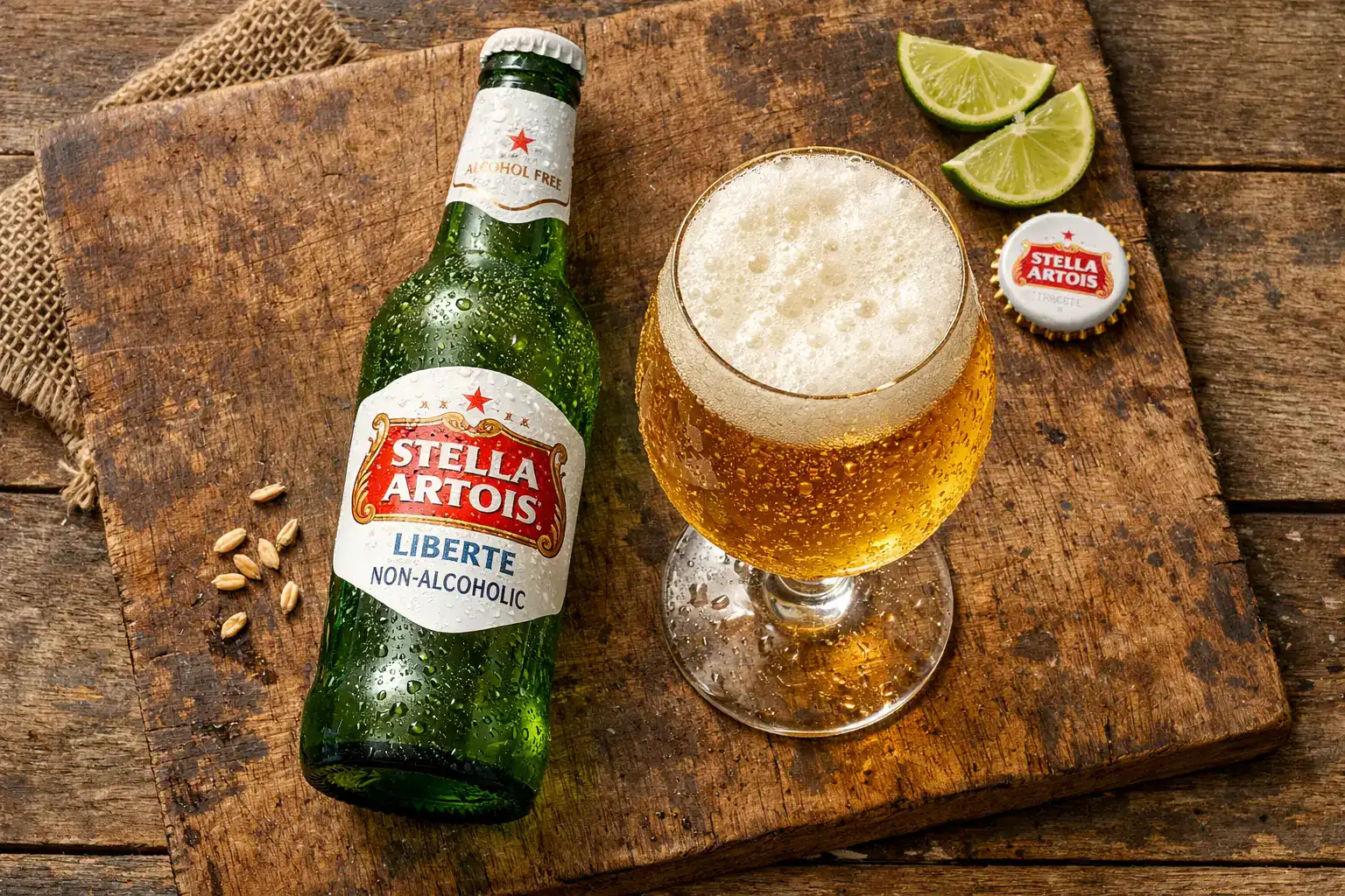 Fresh Stella Artois Zero non-alcoholic beer on rustic wooden table - 60 calories per bottle