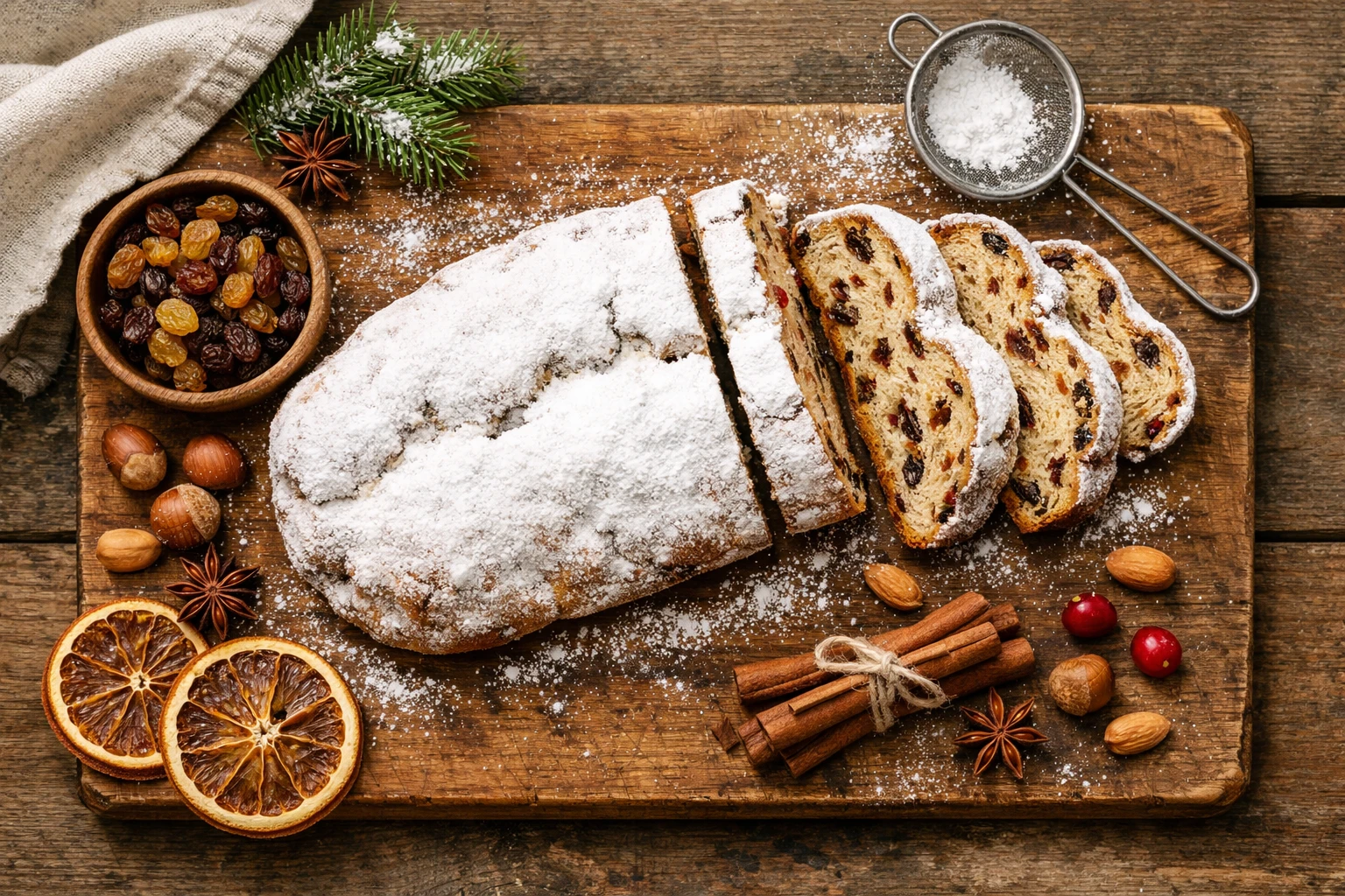 ताज़ा स्टॉलन जर्मन क्रिसमस ब्रेड देहाती लकड़ी की मेज़ पर - 100g स्लाइस में 380 कैलोरी