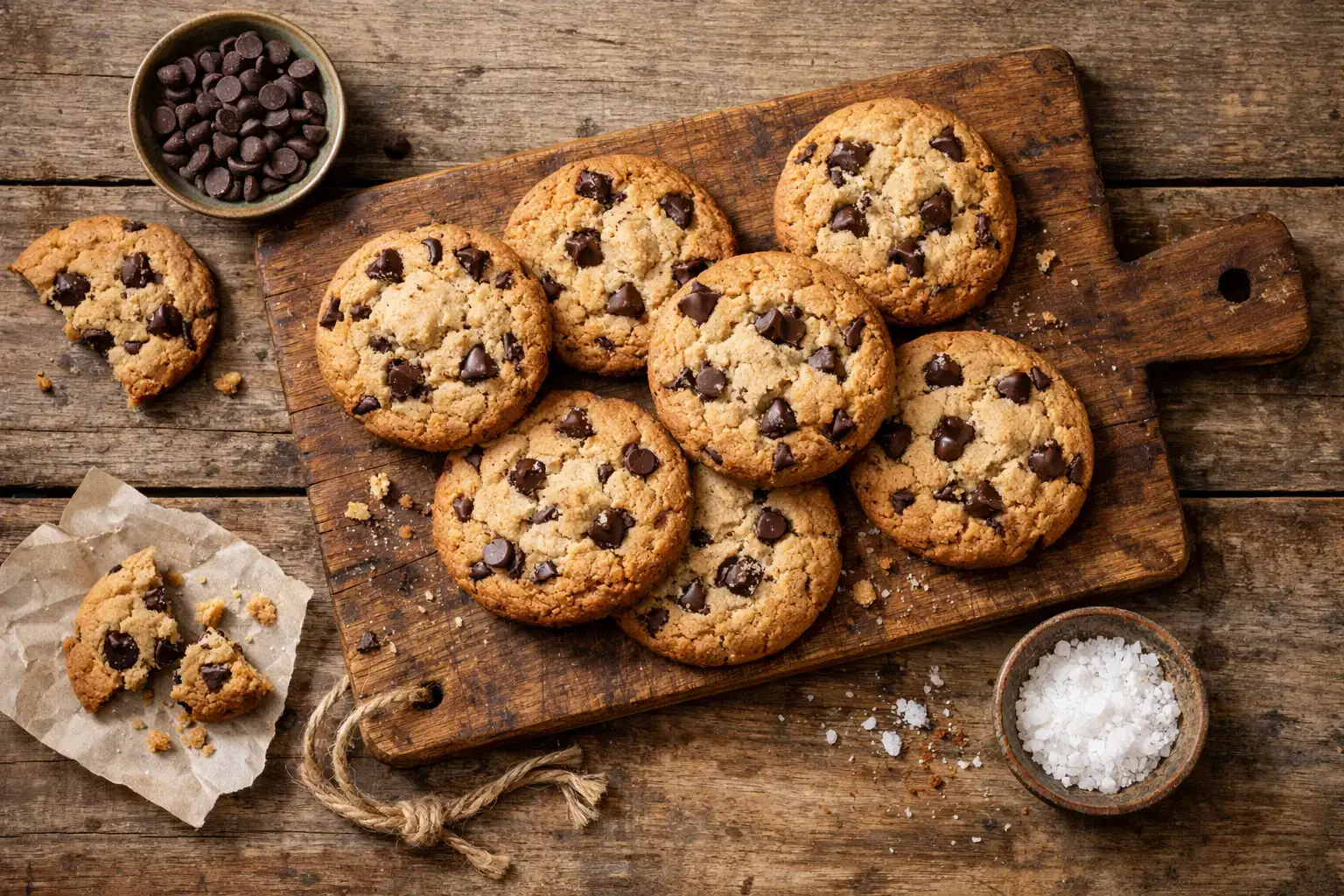 Fresh chocolate chip cookies on rustic wooden table - 160 calories per 3 cookies