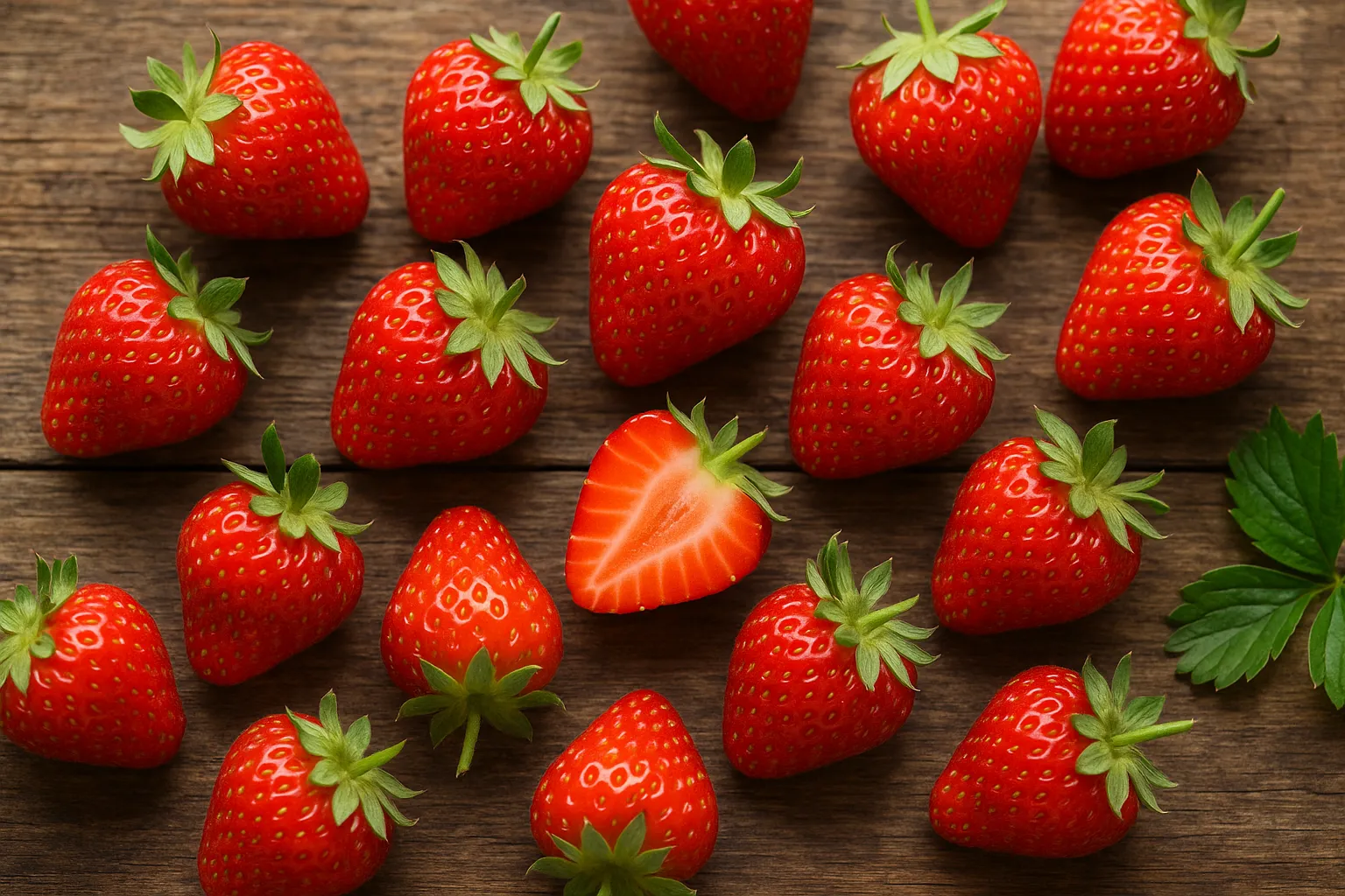 Fresh strawberries on rustic wooden table - 32 calories per 100g