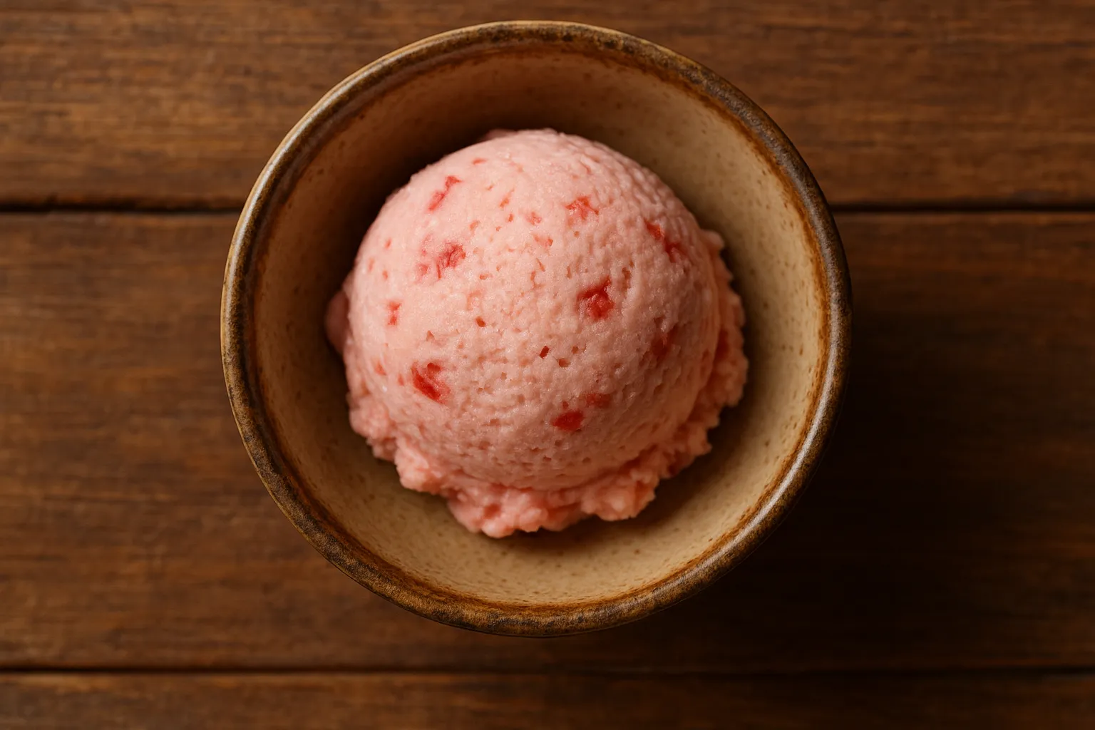 Fresh strawberry ice cream on rustic wooden table - 207 calories per 100g