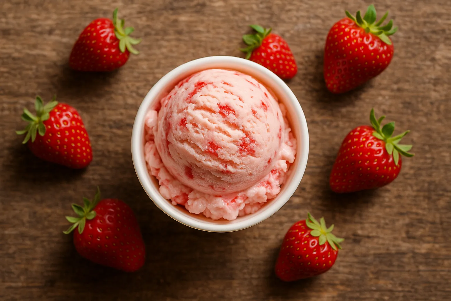 Fresh strawberry ice cream cup on rustic wooden table - 127 calories per 1/2 cup
