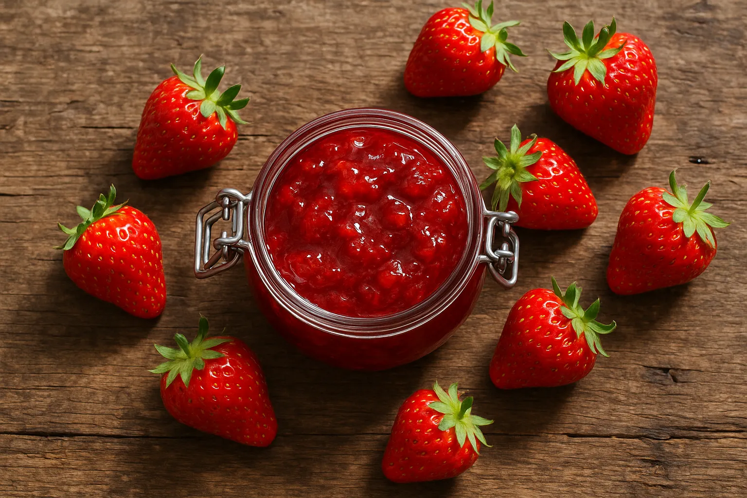 Fresh strawberry jam on rustic wooden table - 56 calories per tablespoon