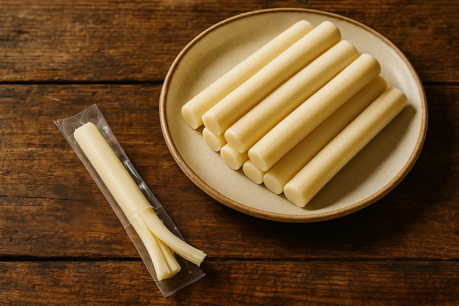 Fresh string cheese on rustic wooden table - 80 calories per stick