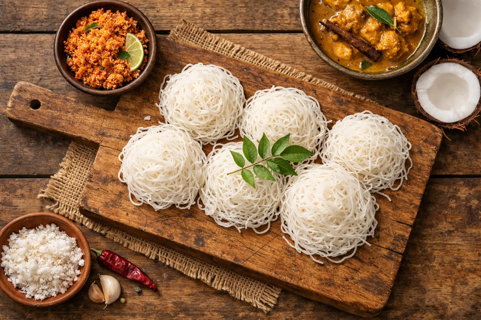 रस्टिक लकड़ी की टेबल पर ताज़े string hoppers इडियप्पम - 200 कैलोरी प्रति सर्विंग