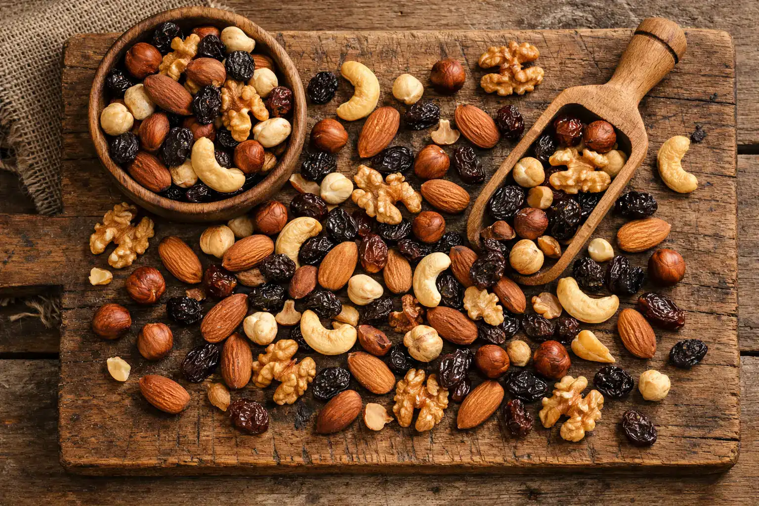 रस्टिक वुडन टेबल पर फ्रेश Studentenfutter जर्मन ट्रेल मिक्स - 100g में 480 कैलोरी