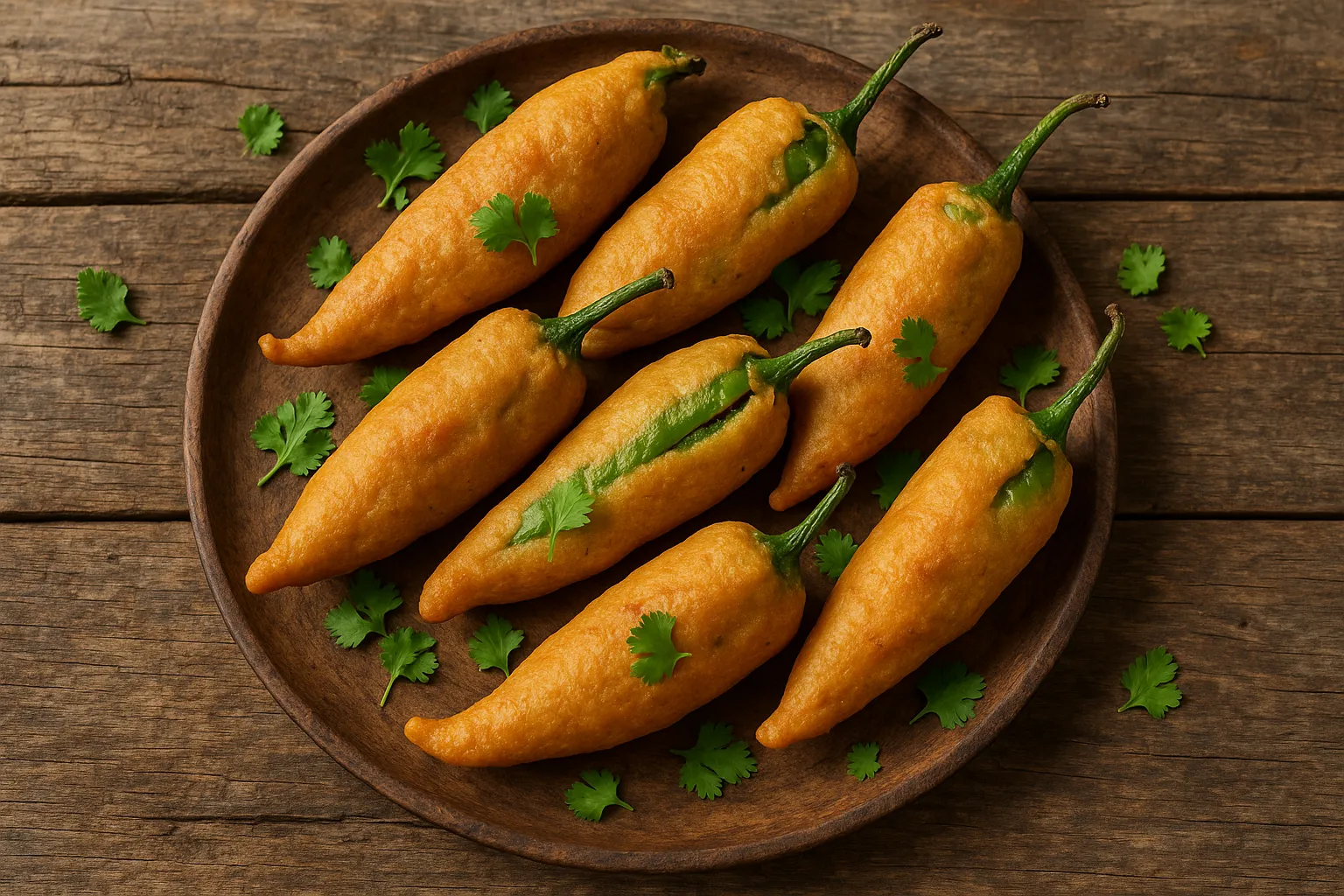 Fresh stuffed mirchi bajji on rustic wooden table - 185 calories per 100g