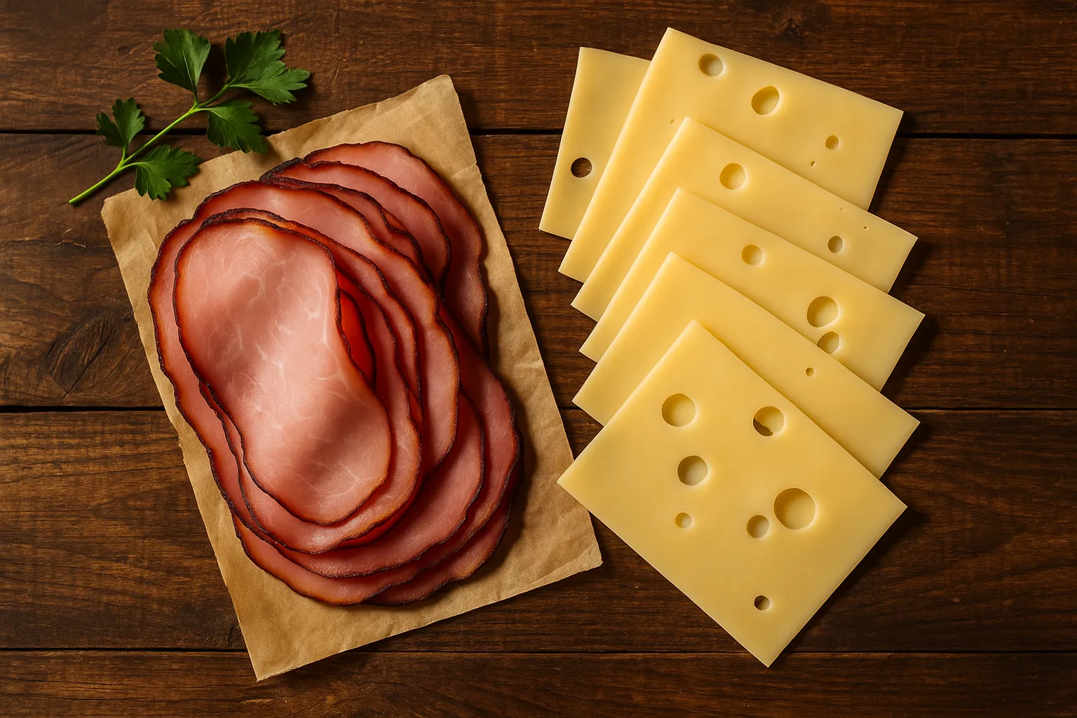 Subway Black Forest Ham with cheese on rustic wooden table - 145 calories per 6-inch sandwich