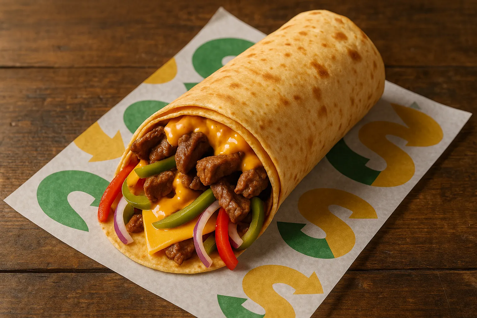 Subway Chipotle Southwest Steak & Cheese wrap on rustic wooden table - 365 calories per wrap