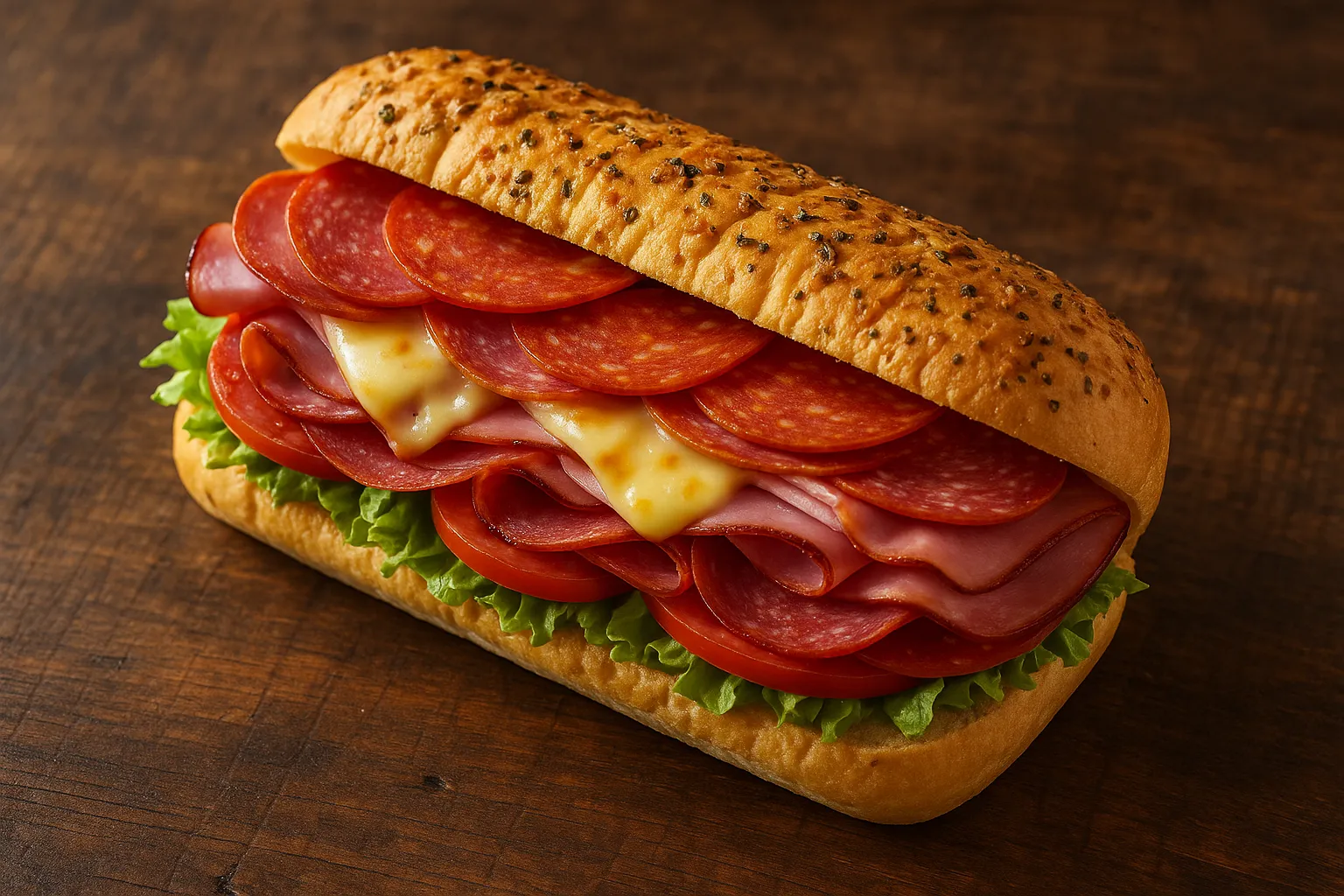 Subway Italian B.M.T. sandwich on white background - 380 calories per 6-inch
