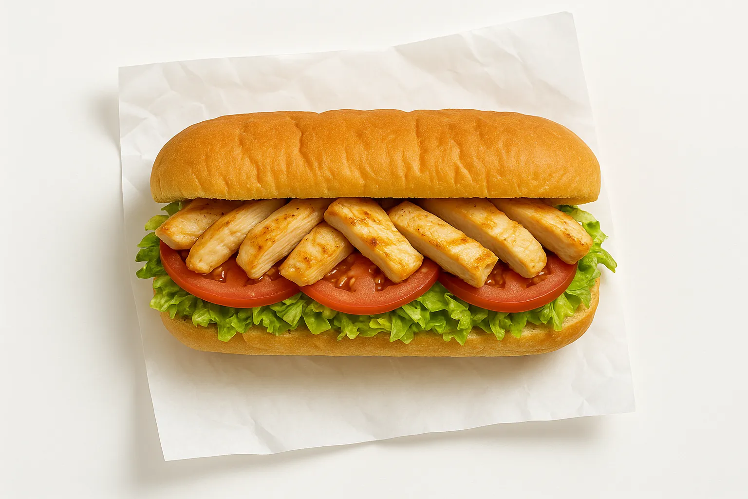 Subway oven roasted chicken sandwich on white paper - 320 calories per 6-inch sandwich