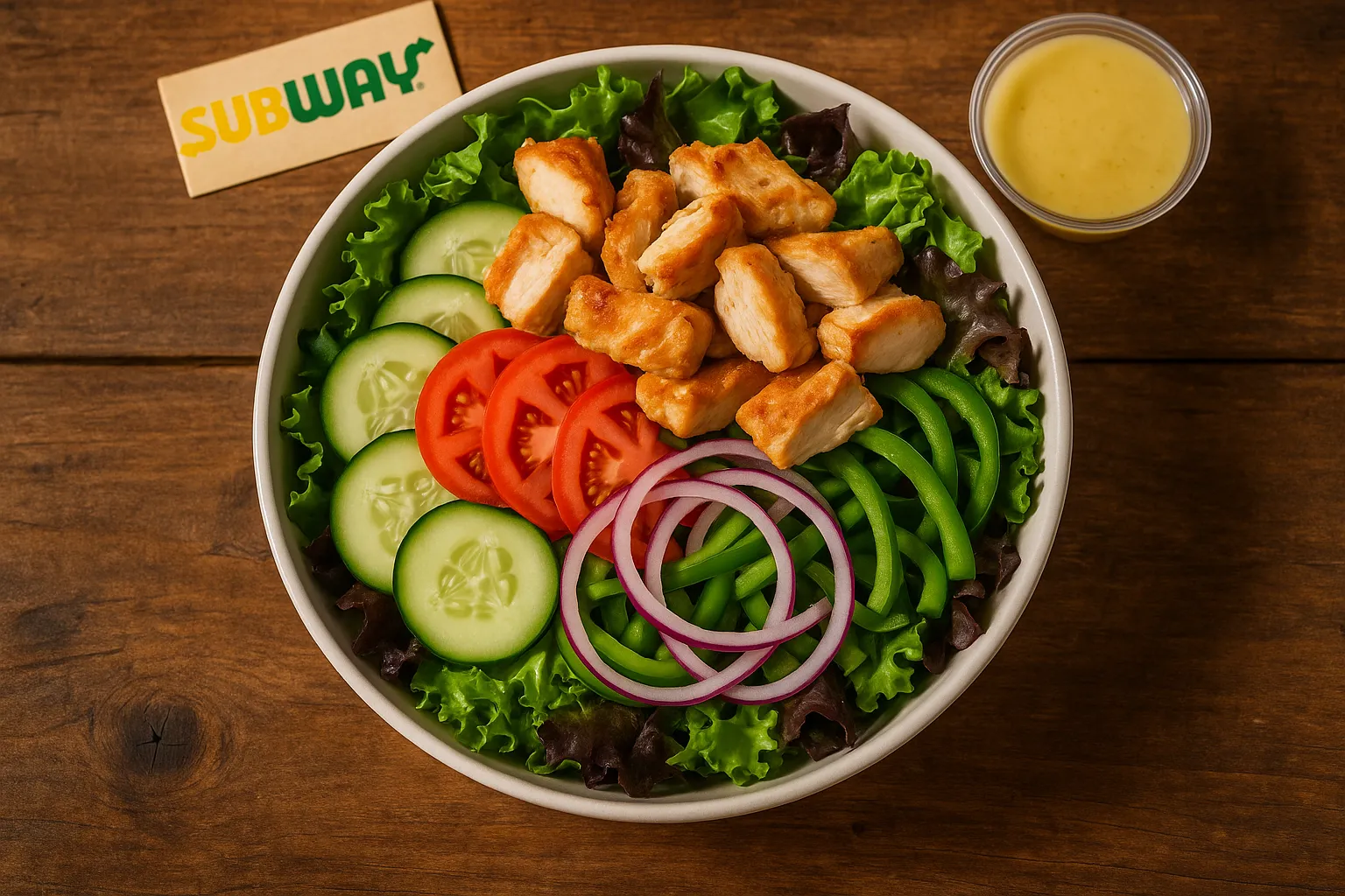 Subway Rotisserie-Style Chicken Salad on rustic wooden table - 265 calories per salad