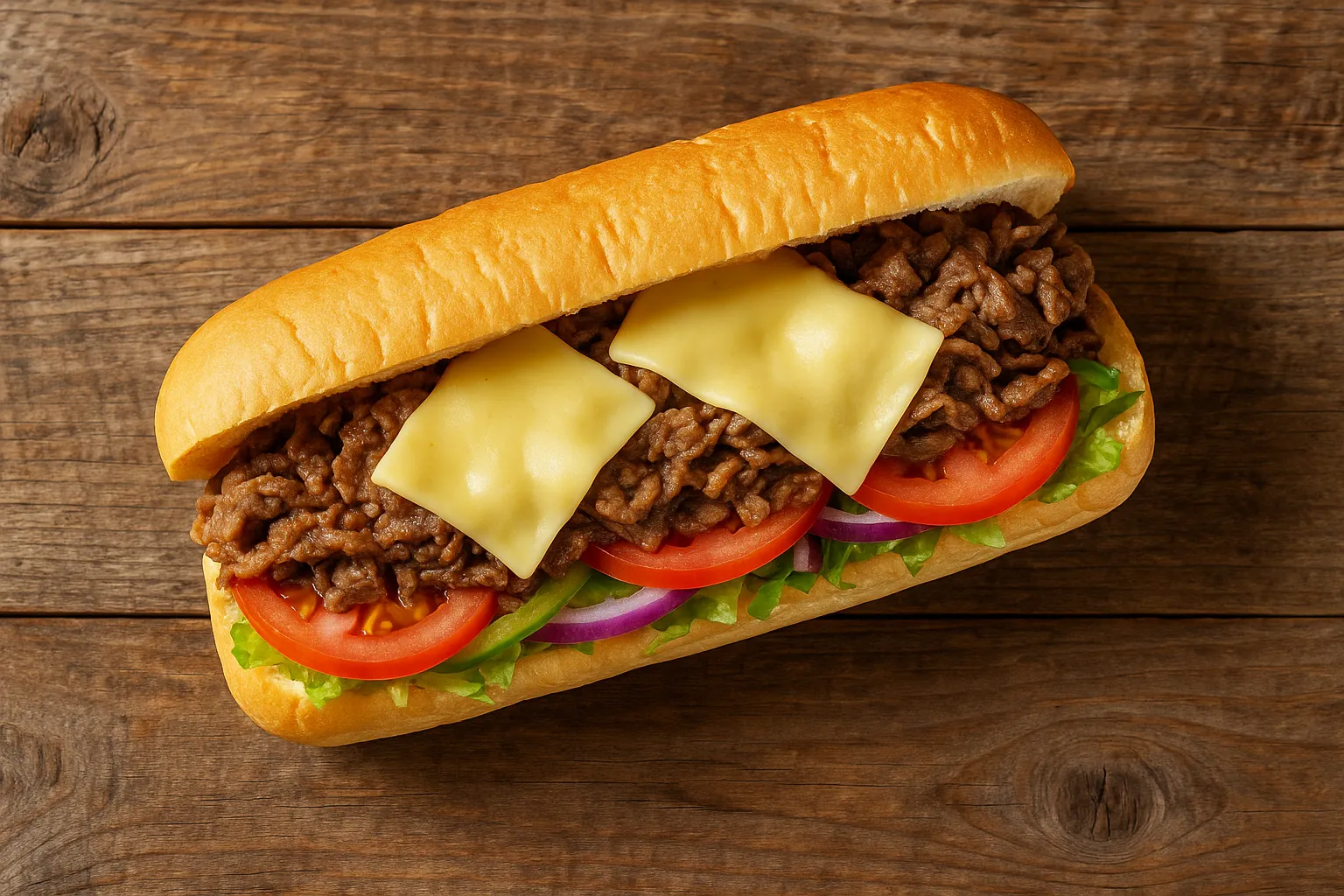 Fresh Subway steak and cheese sandwich on rustic wooden table - 360 calories per 6-inch sandwich