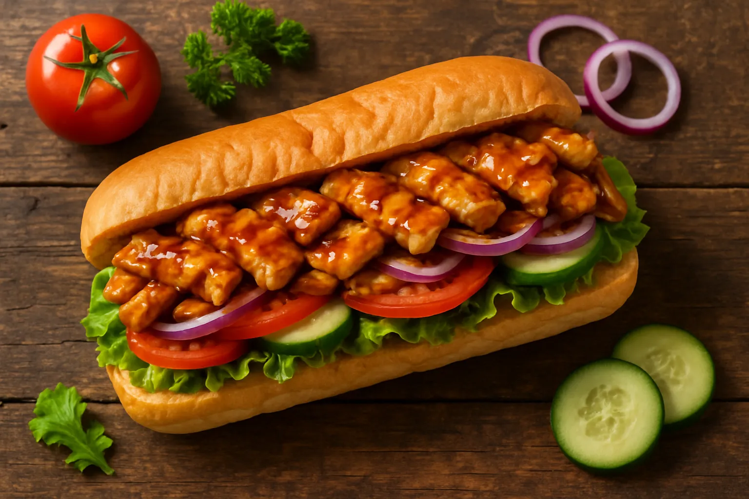 Fresh Subway sweet onion chicken teriyaki sandwich on rustic wooden table - 380 calories per 6-inch sandwich