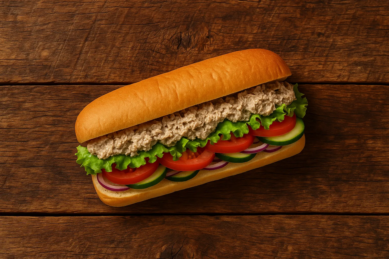 Fresh Subway tuna sandwich on rustic wooden table - 370 calories per 6-inch sandwich