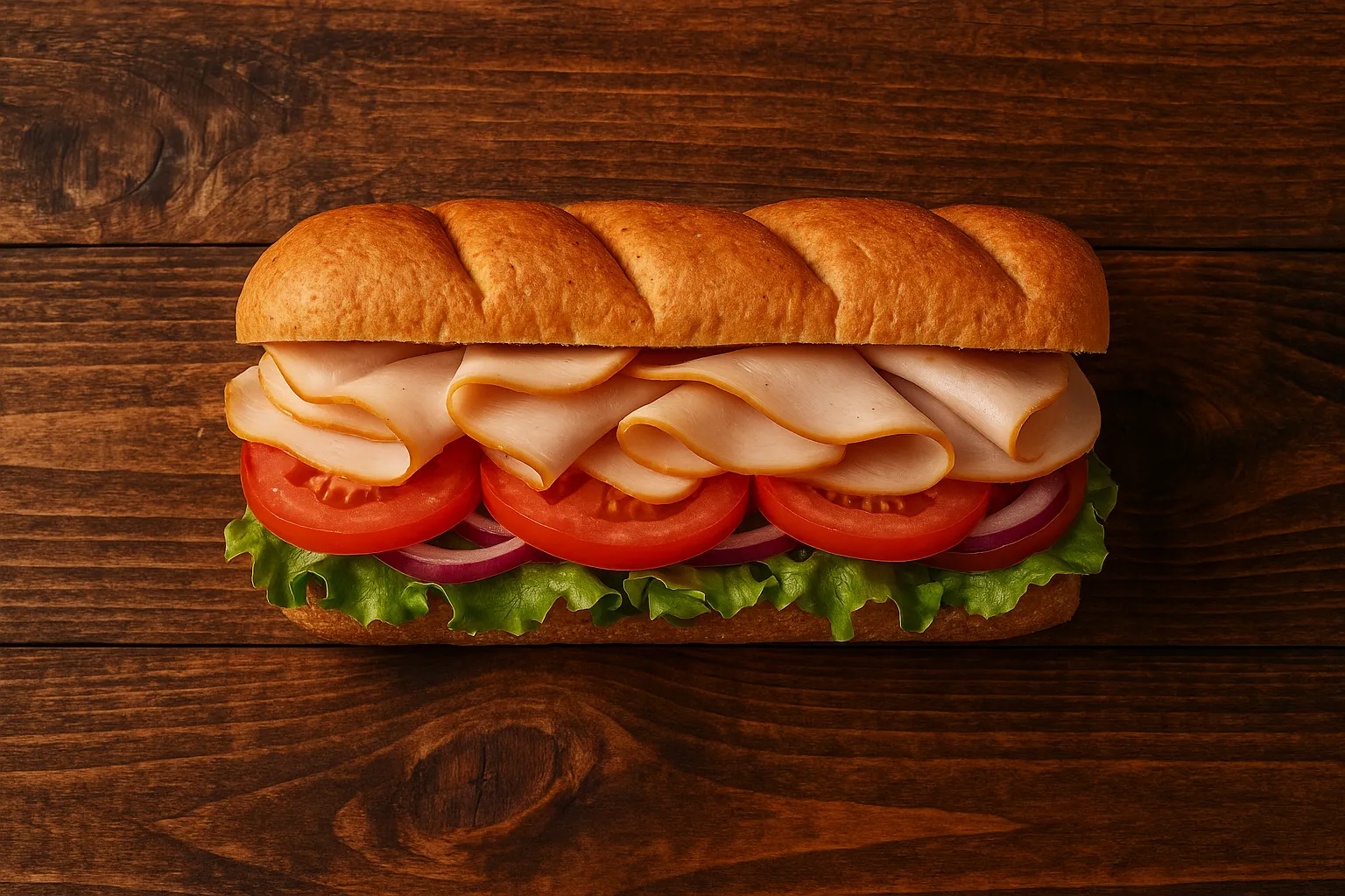 Fresh Subway turkey breast sandwich on rustic wooden table - 280 calories per 6-inch sandwich