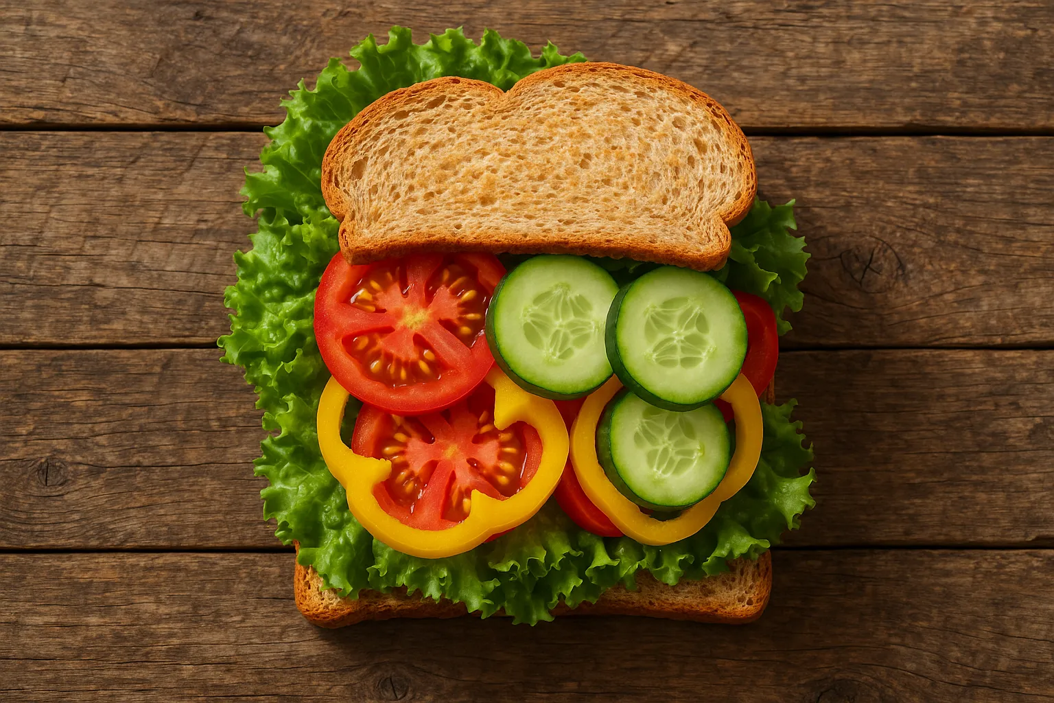 Subway Veggie Delite sandwich with fresh vegetables on rustic wooden table - 140 calories per 6-inch