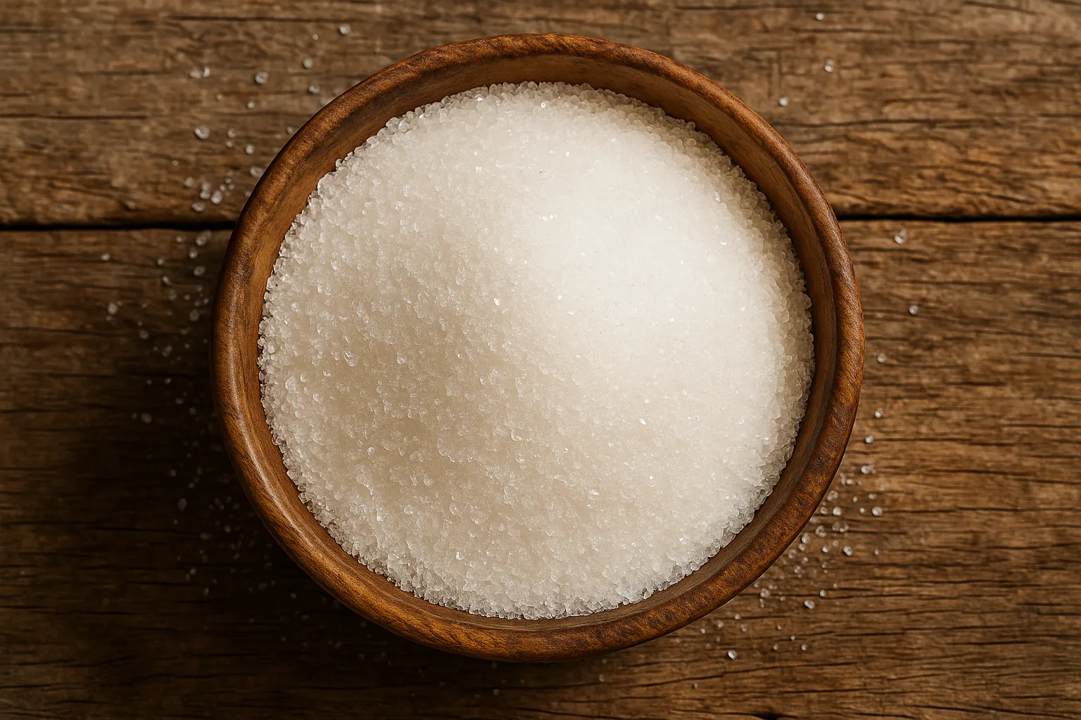 Fresh white sugar on rustic wooden table - 387 calories per 100g