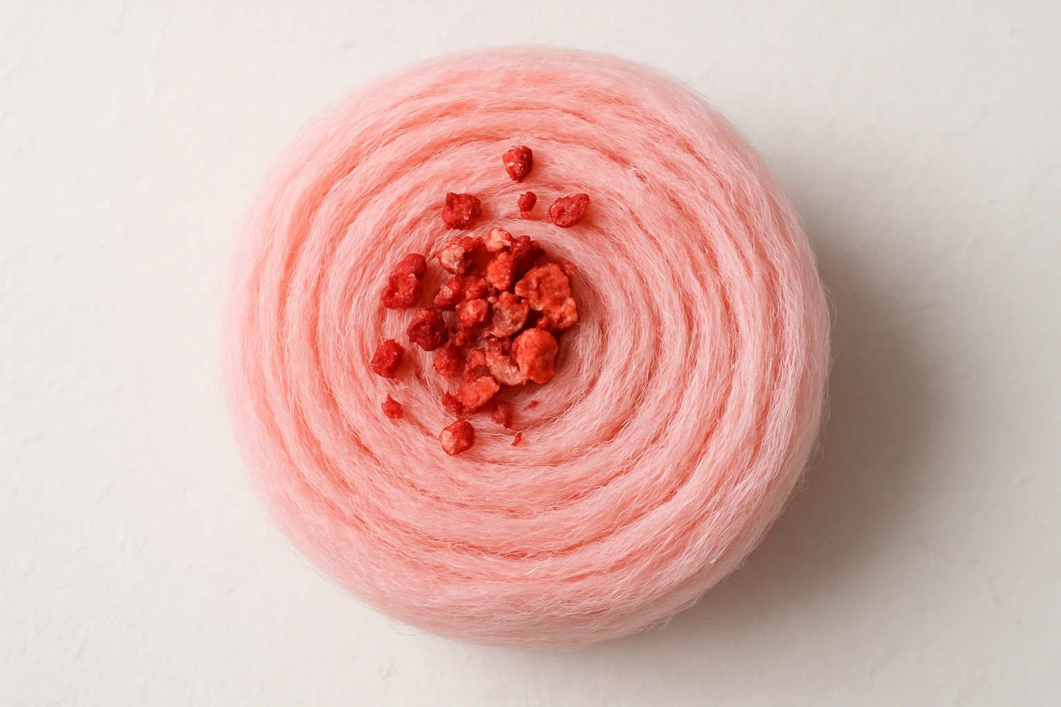 Overhead view of a Sugarolly Strawberry Cotton Candy Roll with freeze-dried strawberry pieces on a light surface