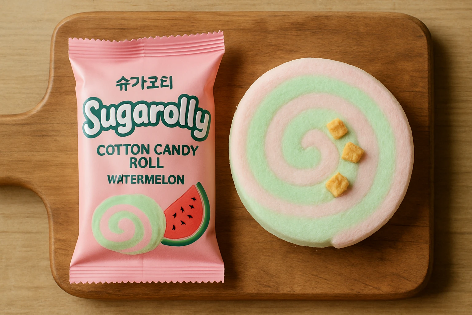 Sugarolly Cotton Candy Roll Watermelon individual pack showing the pastel green and pink layered roll with cookie chip pieces inside