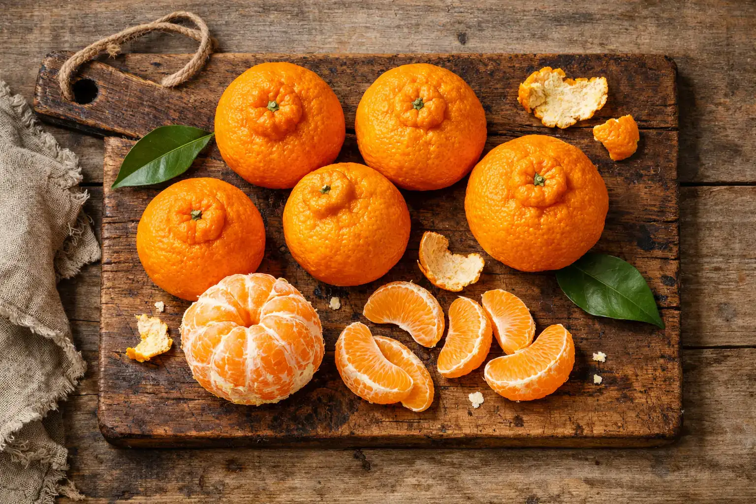 रस्टिक लकड़ी की मेज पर ताजा Sumo Citrus orange - 147 कैलोरी प्रति फल