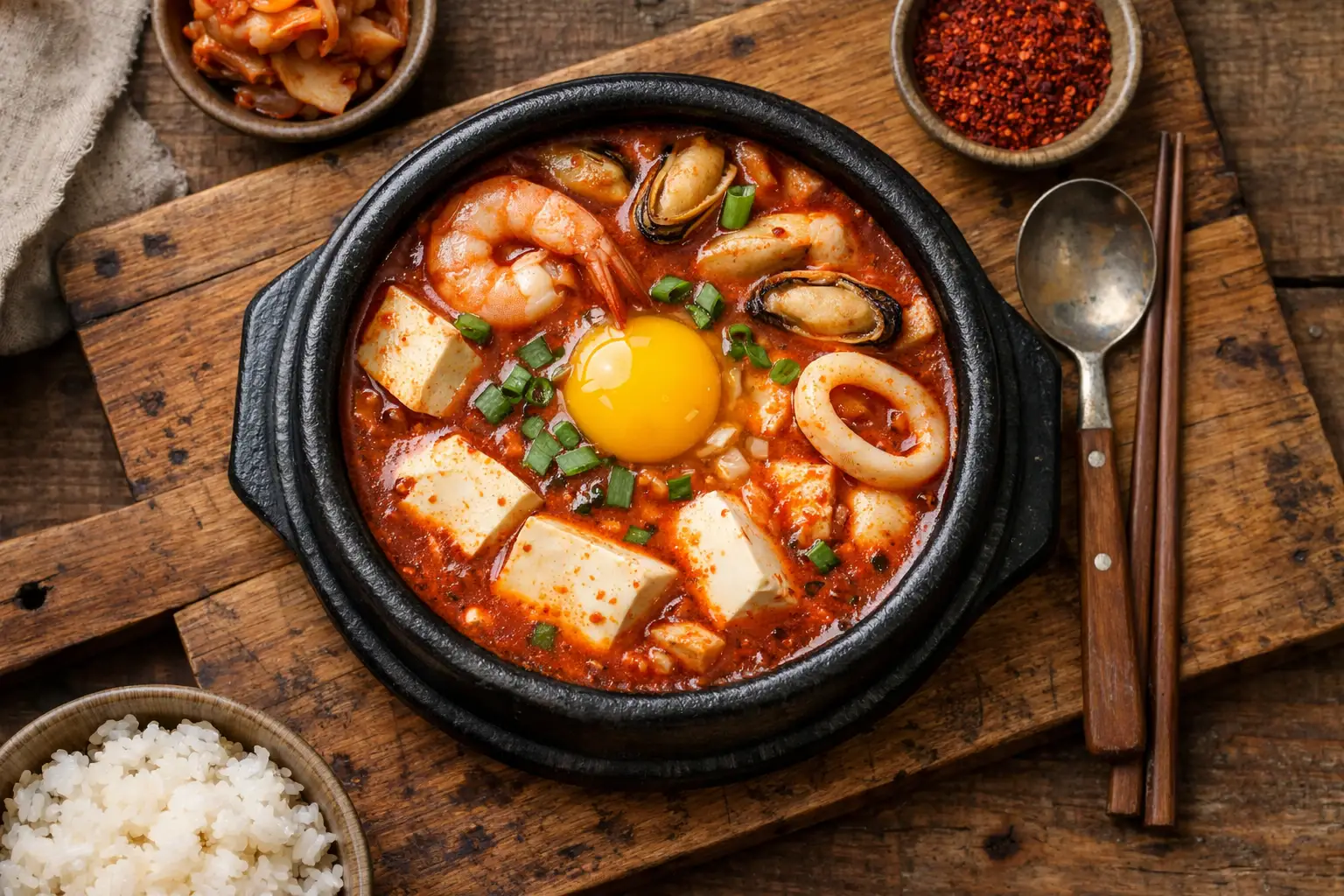 Sundubu jjigae frais, ragoût coréen au tofu soyeux dans un bol en pierre chaude - 280 calories par bol