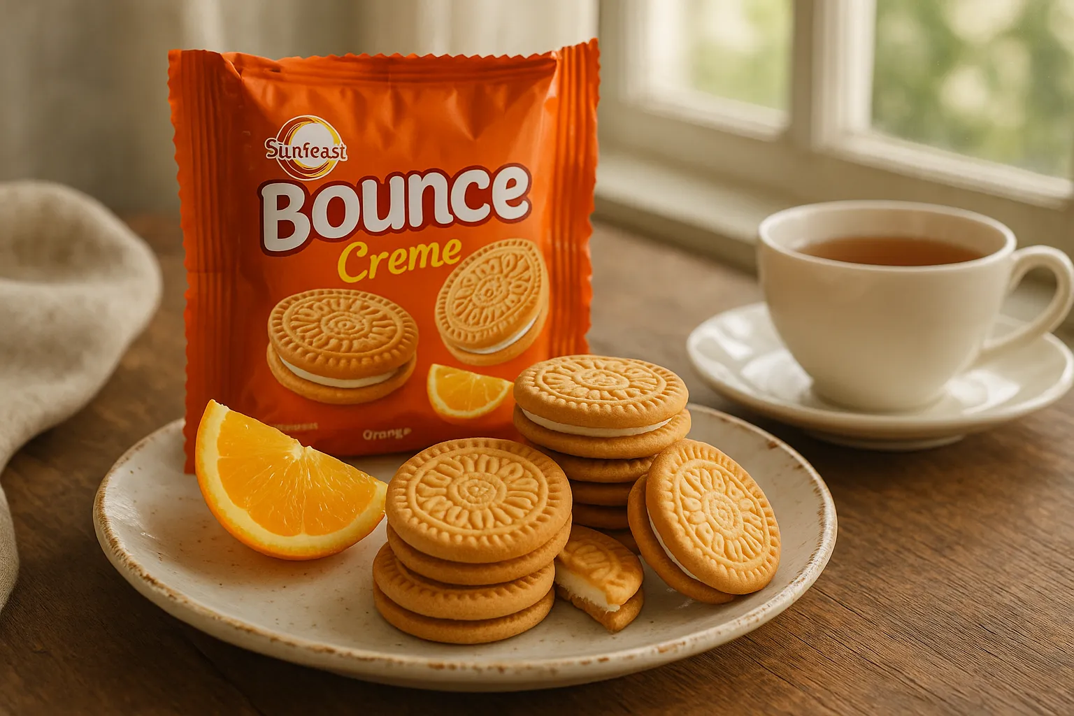 Sunfeast Bounce Creme cream-filled biscuits on a rustic white plate with orange slice - 50 calories per biscuit