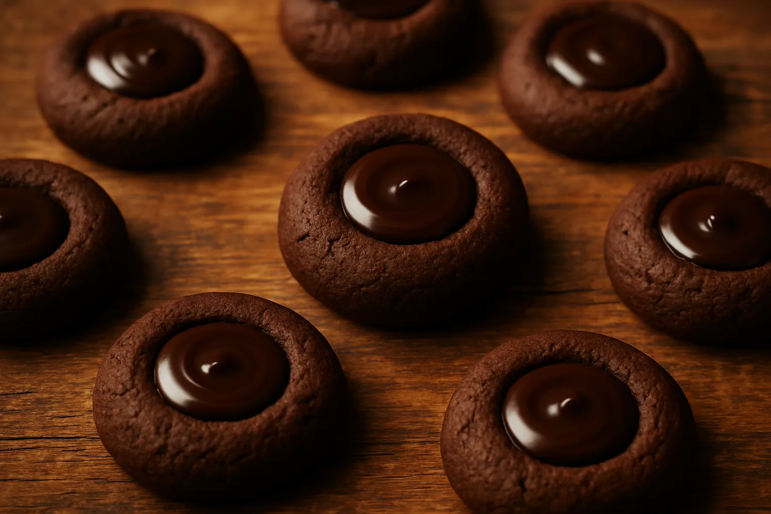Premium dark chocolate cookies with filled centers on rustic wooden table - 52 calories per cookie