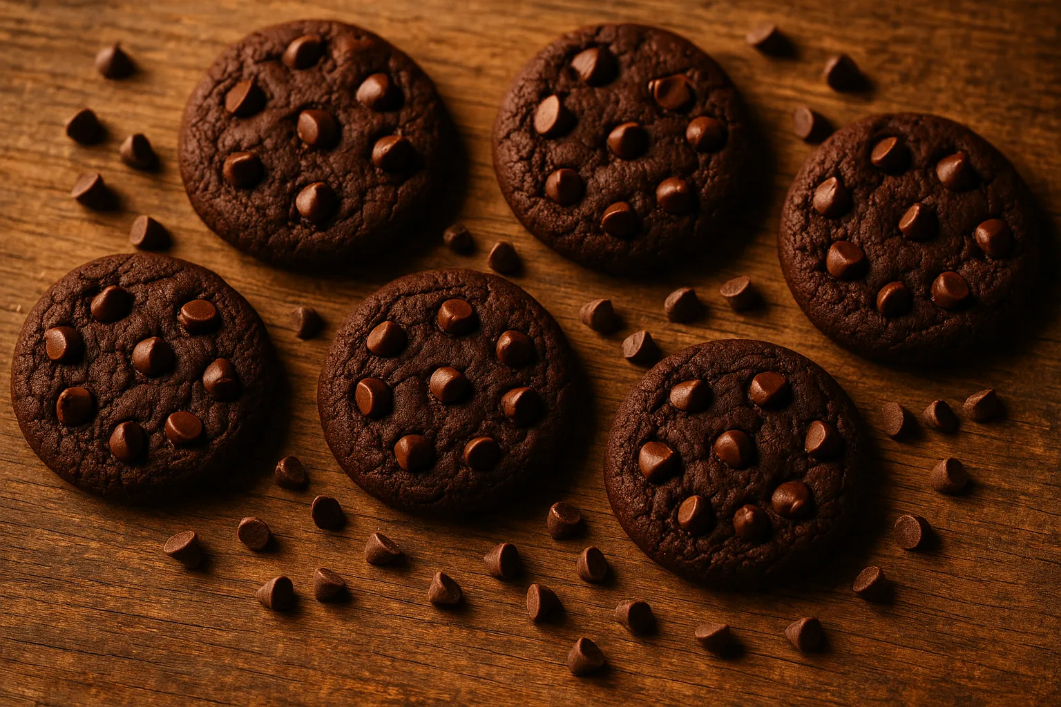 Dark chocolate chip cookies on rustic wooden table - 50 calories per cookie