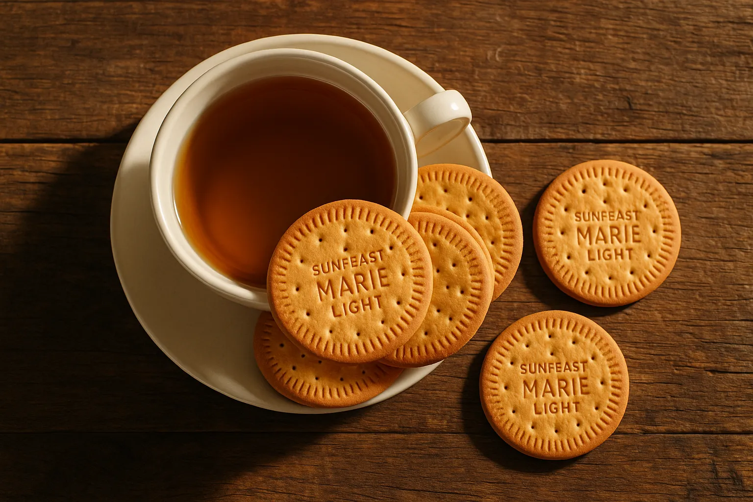 Sunfeast Marie Light biscuits in a teacup with herbal tea - 33 calories per biscuit