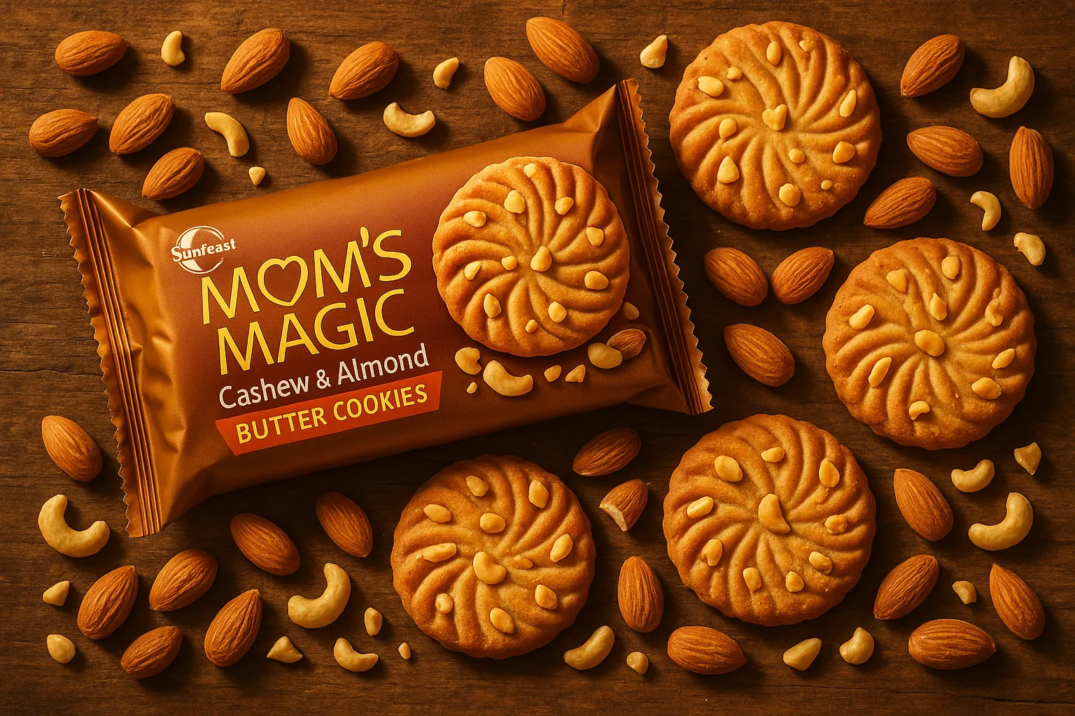 Sunfeast Mom's Magic Cashew & Almond butter cookies with scattered almonds and cashews on rustic wooden table - 90 calories per cookie