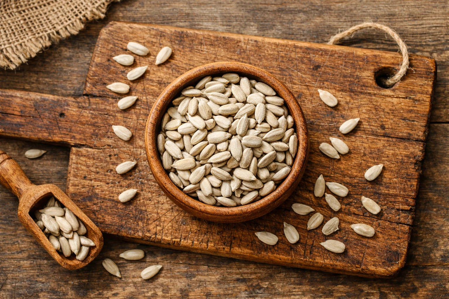 Fresco sunflower seeds on rustic wooden table - 165 calorías por onza
