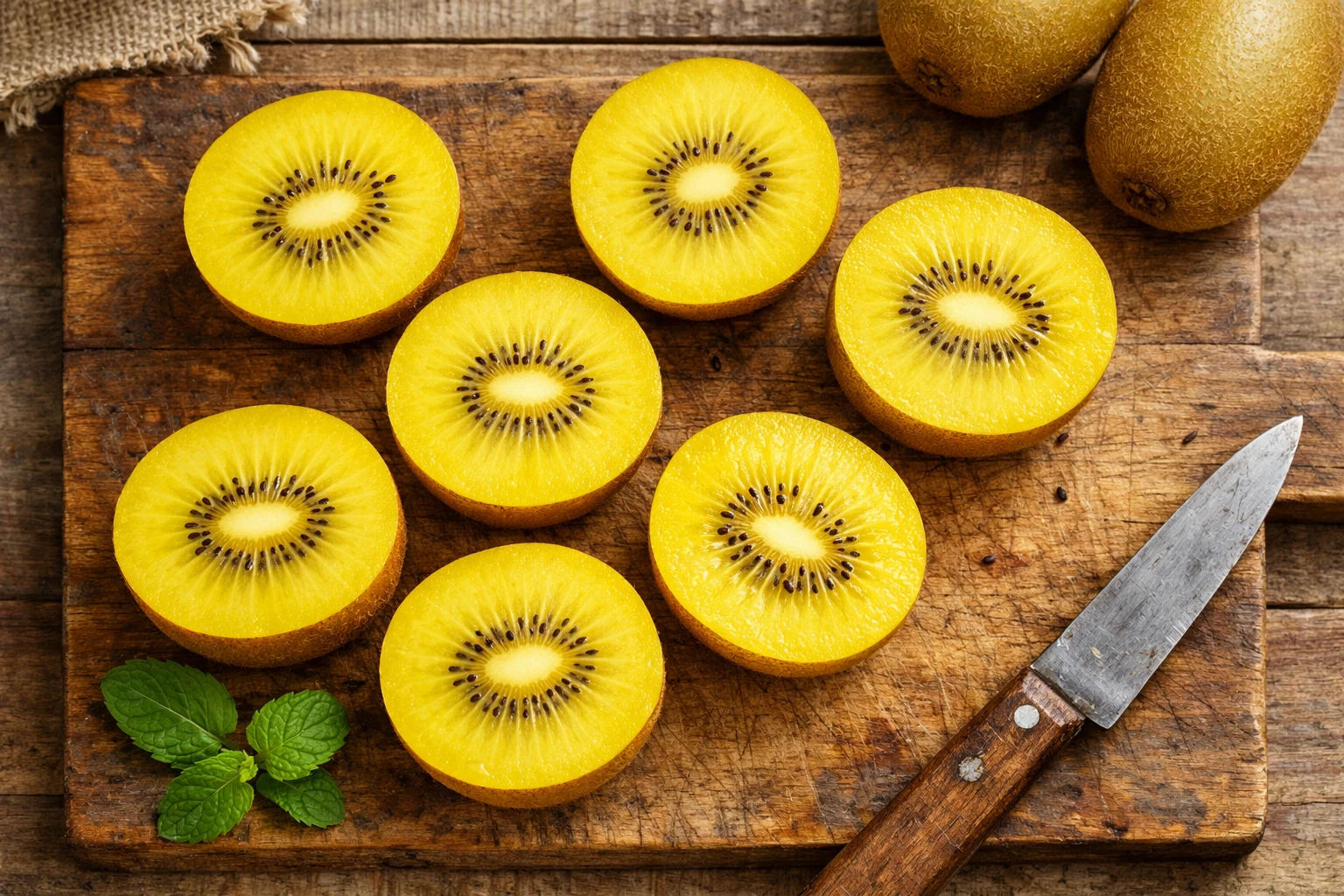 Kiwi sungold fresco en mesa de madera rústica - 51 calorías por fruta mediana