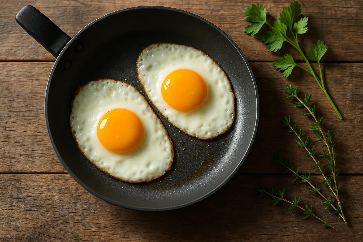 Two perfectly cooked sunny side up eggs with runny yolk in skillet - 155 calories per serving