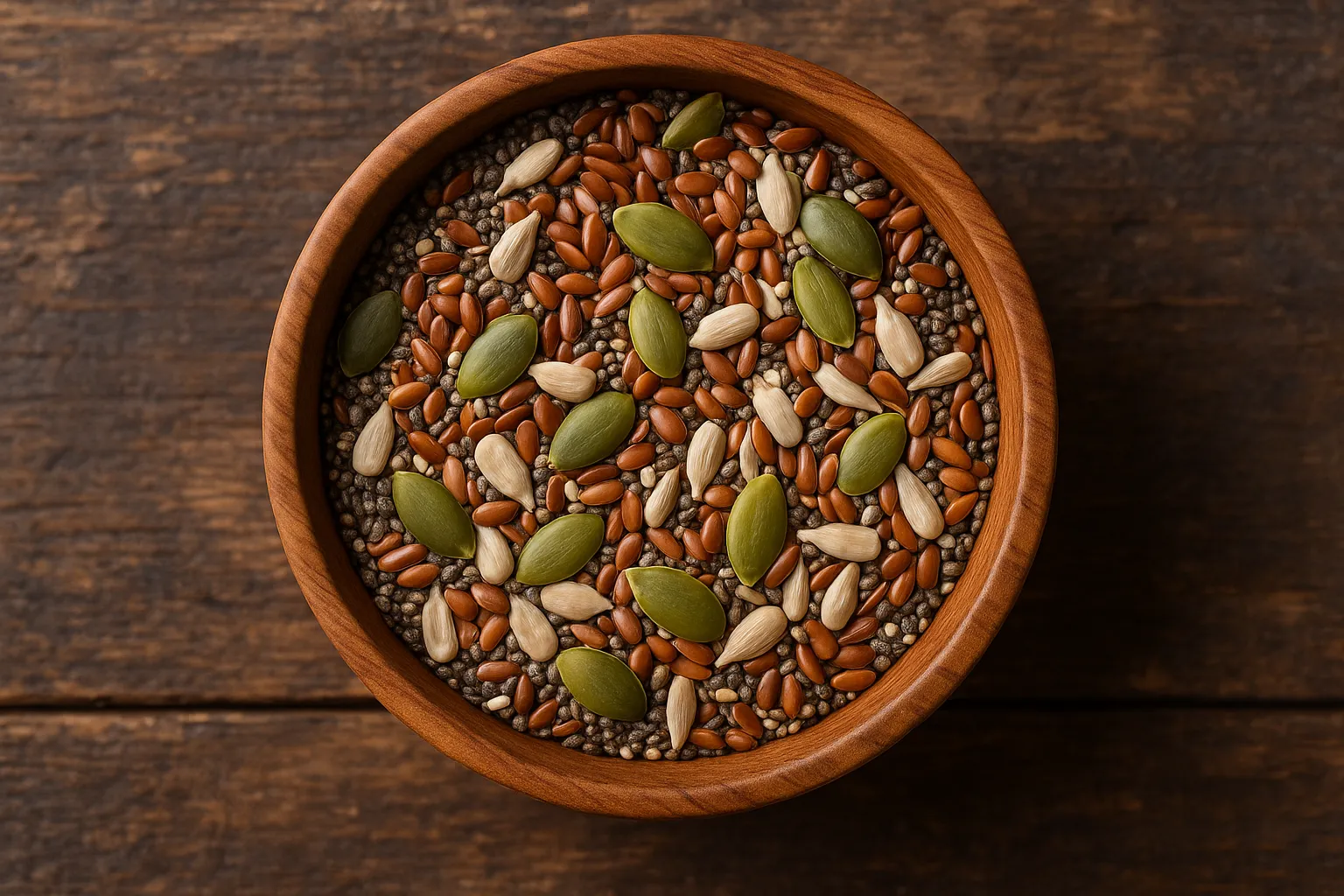 Fresh super seed mix on rustic wooden table - 534 calories per 100g