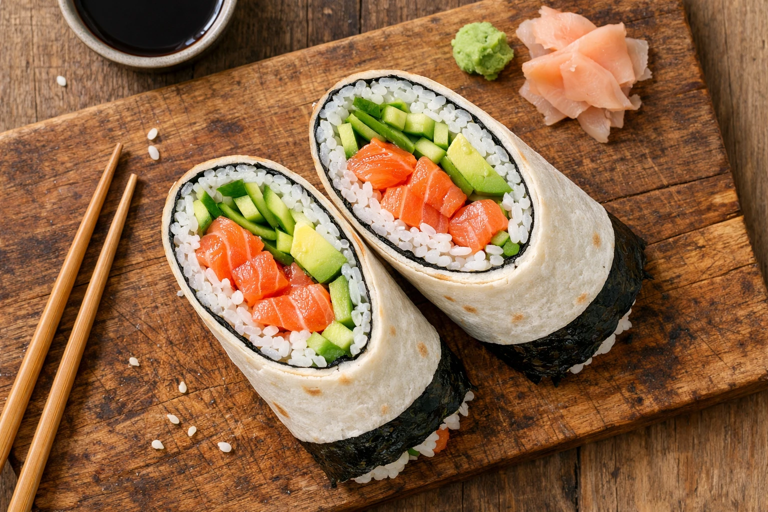 Fresh sushi burrito cut in half on rustic wooden table - 570 calories per serving