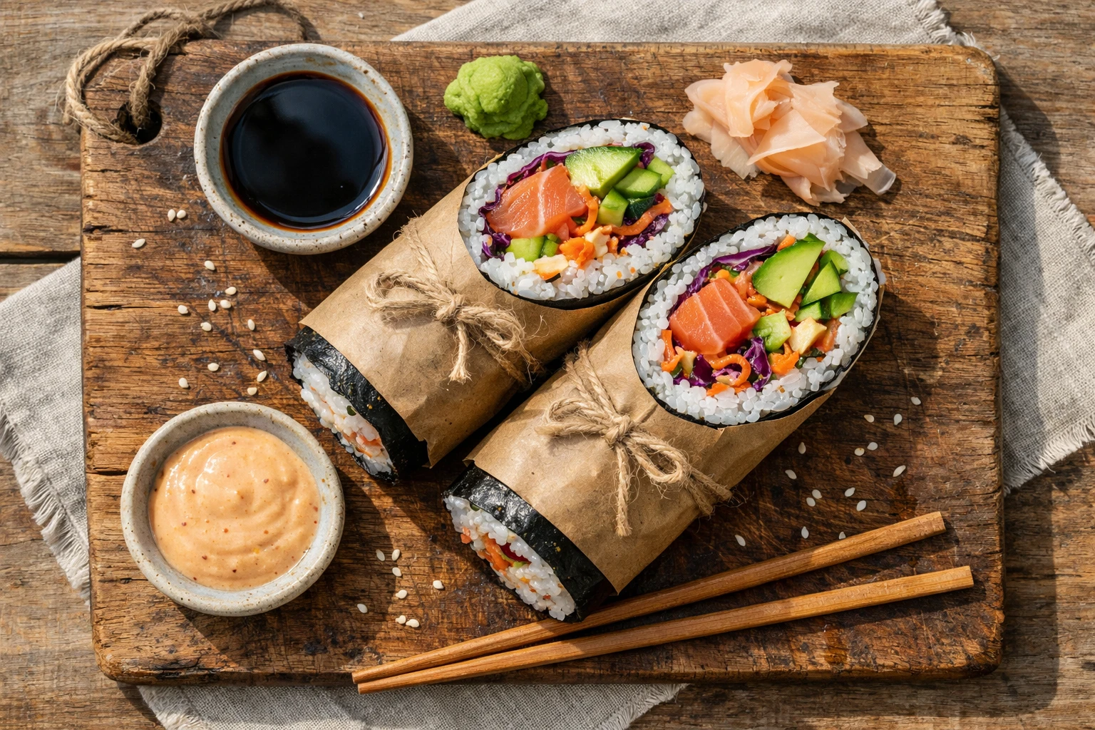 Fresh sushi burrito cut in half on rustic wooden table - 570 calories per serving