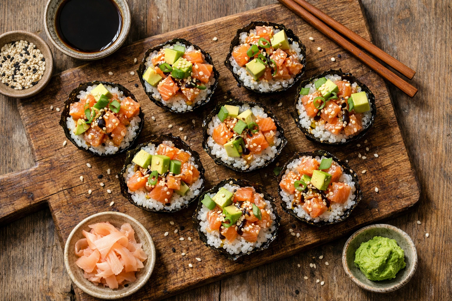Frische Sushi Cups auf rustikalem Holztisch - 210 Kalorien pro Portion