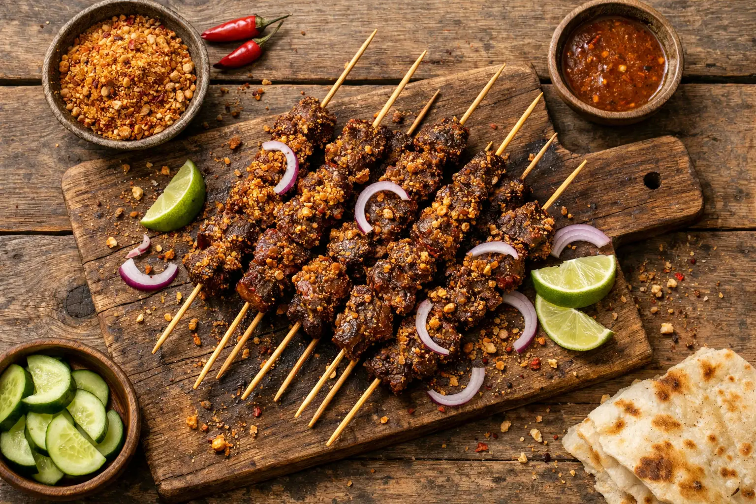 लकड़ी की टेबल पर ताज़ा Suya स्कीवर्स - 3 स्कीवर्स में 250 कैलोरी