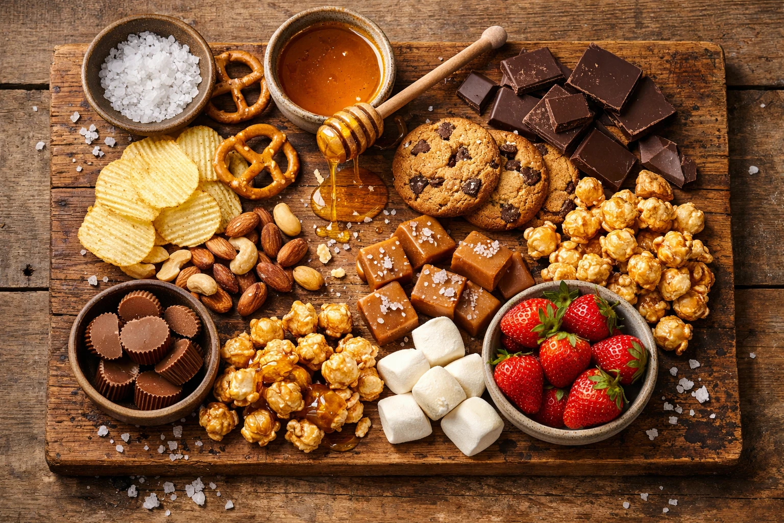 Sweet and salty flavor combination snacks on wooden table - swalty trend 2025