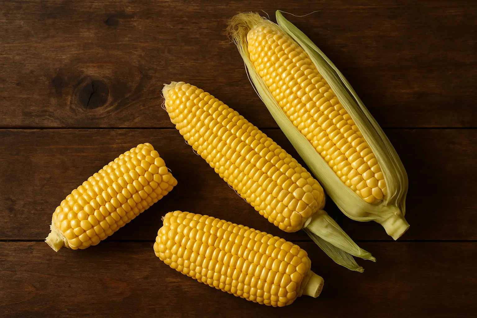 Fresh sweet corn on rustic wooden table - 86 calories per ear