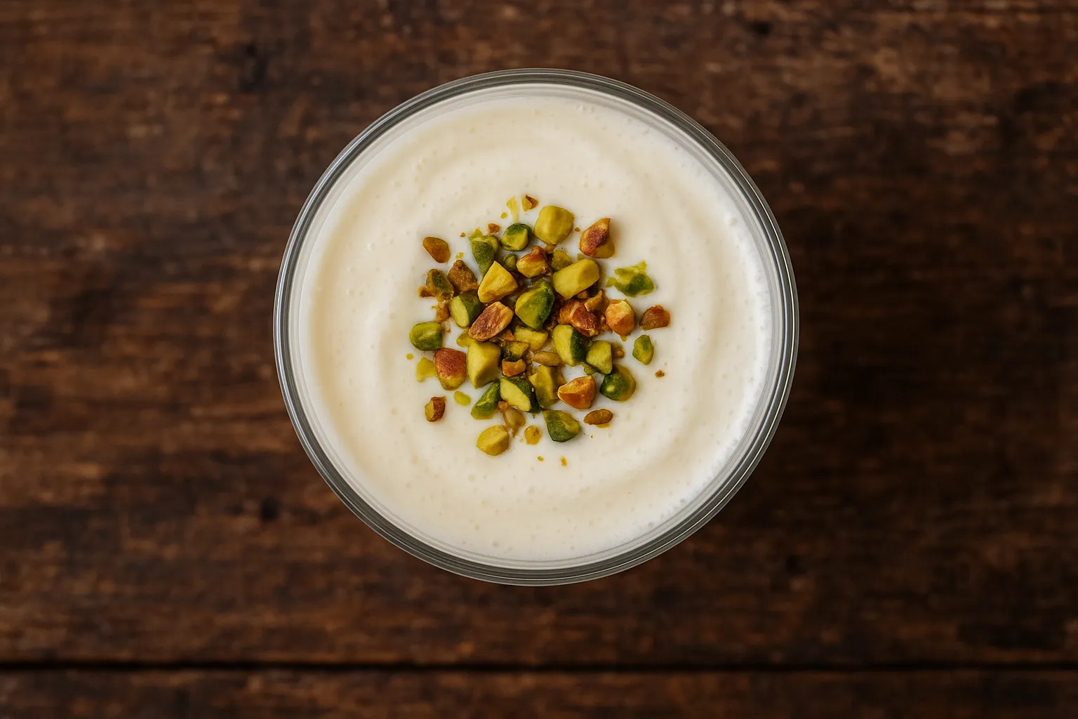 Fresh sweet lassi on rustic wooden table - 110 calories per 200ml glass