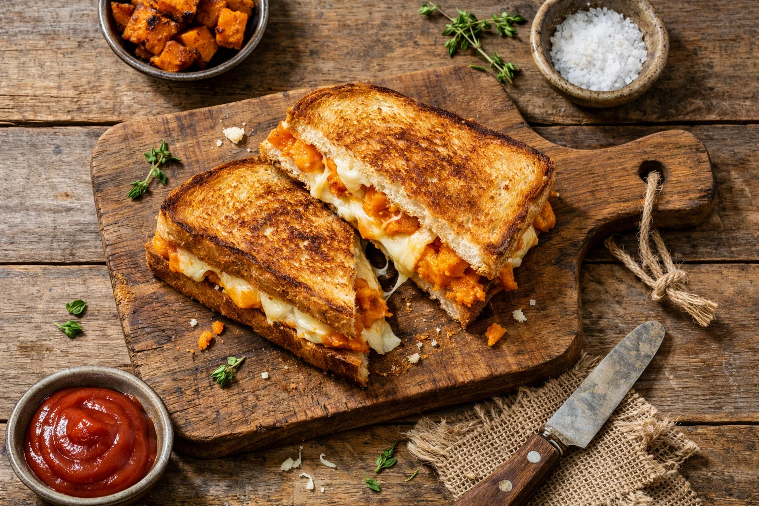 Fresh sweet potato cheese sandwich on rustic wooden table - 240 calories per serving