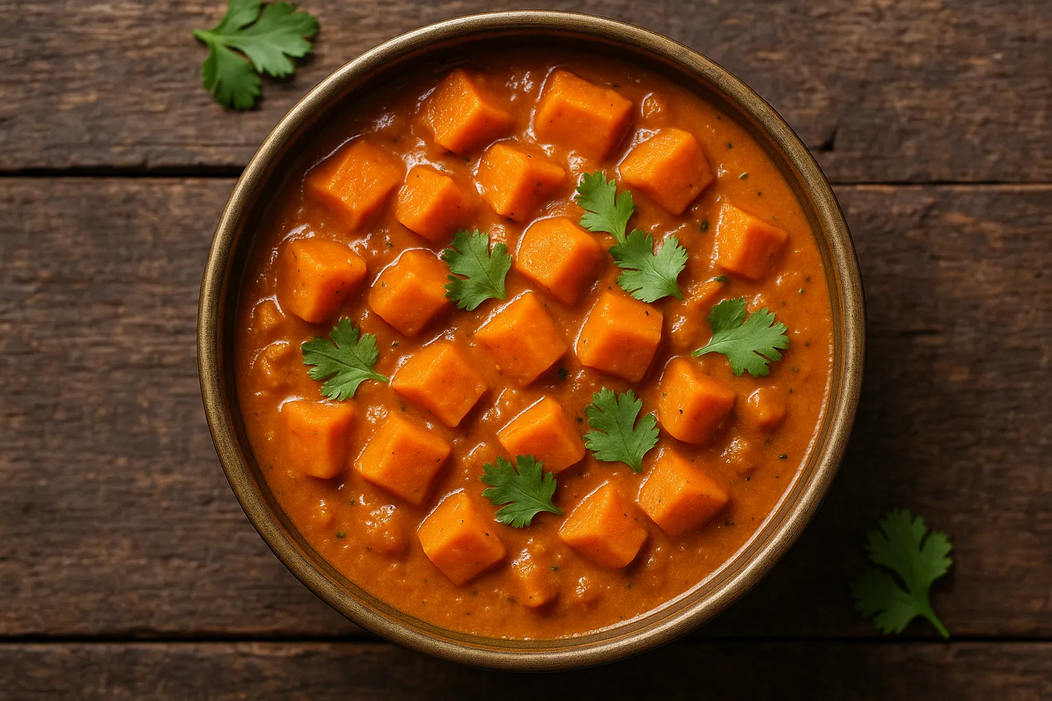 Fresh sweet potato curry on rustic wooden table - 180 calories per serving